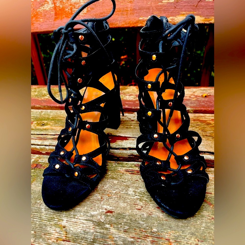 Indigo Black Strappy Shoes with Heel  in excellent condition,  Size 8